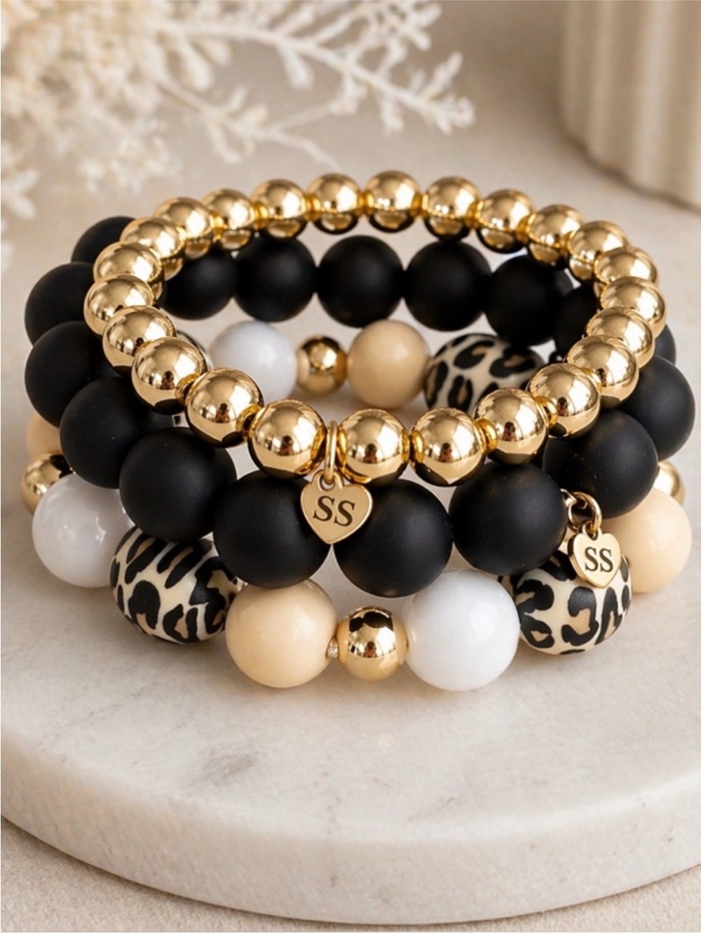 Gold, Black & Cream Beaded Stretch Bracelet Stack